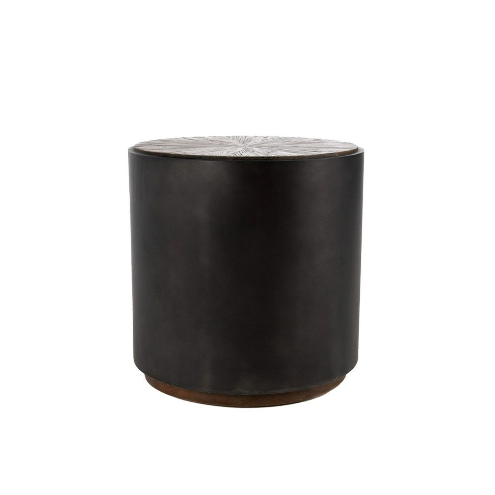 Jenny Round Drum Wood End Table | 24" | Metal Panels | Black Brown