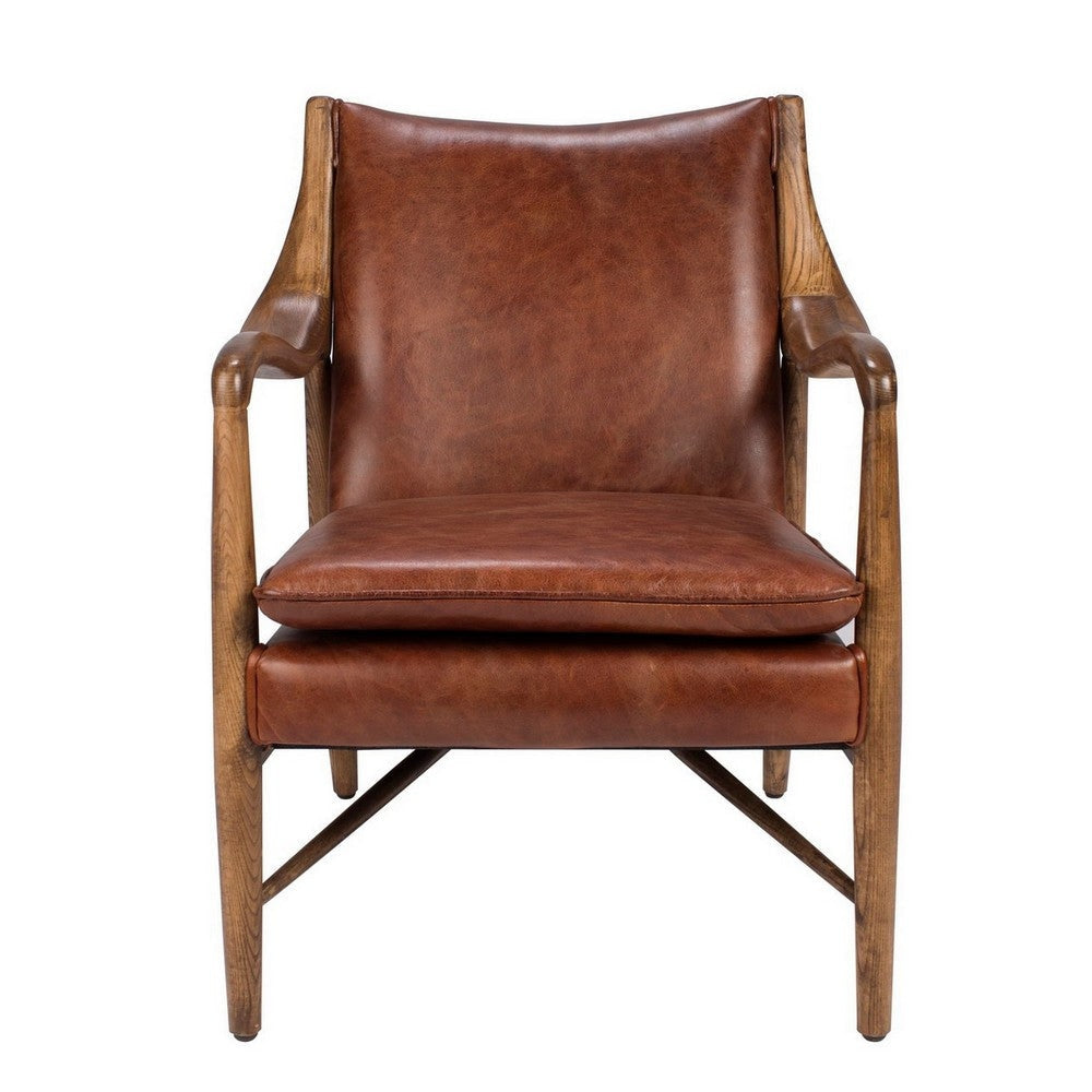 29 Inch Classic Wood Club Chair Top Grain Leather Seat Curved Arms Brown By Casagear Home BM283460