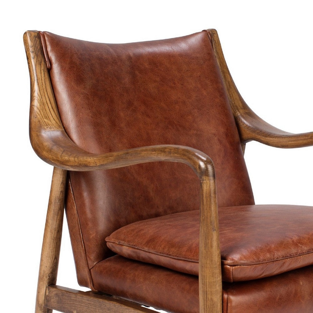 29 Inch Classic Wood Club Chair Top Grain Leather Seat Curved Arms Brown By Casagear Home BM283460