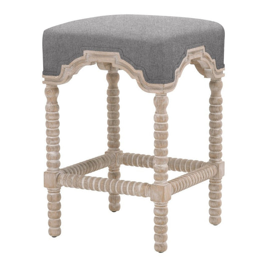 27 Inch Coastal Counter Height Wood Stool, Double Welt, Gray Fabric Seat By Casagear Home