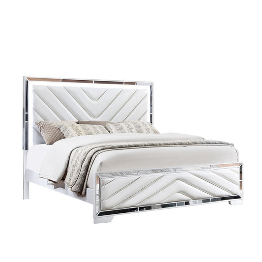 Koi Pine Wood King Size Bed, Velvet Upholstered, V Channel Tufting, White By Casagear Home