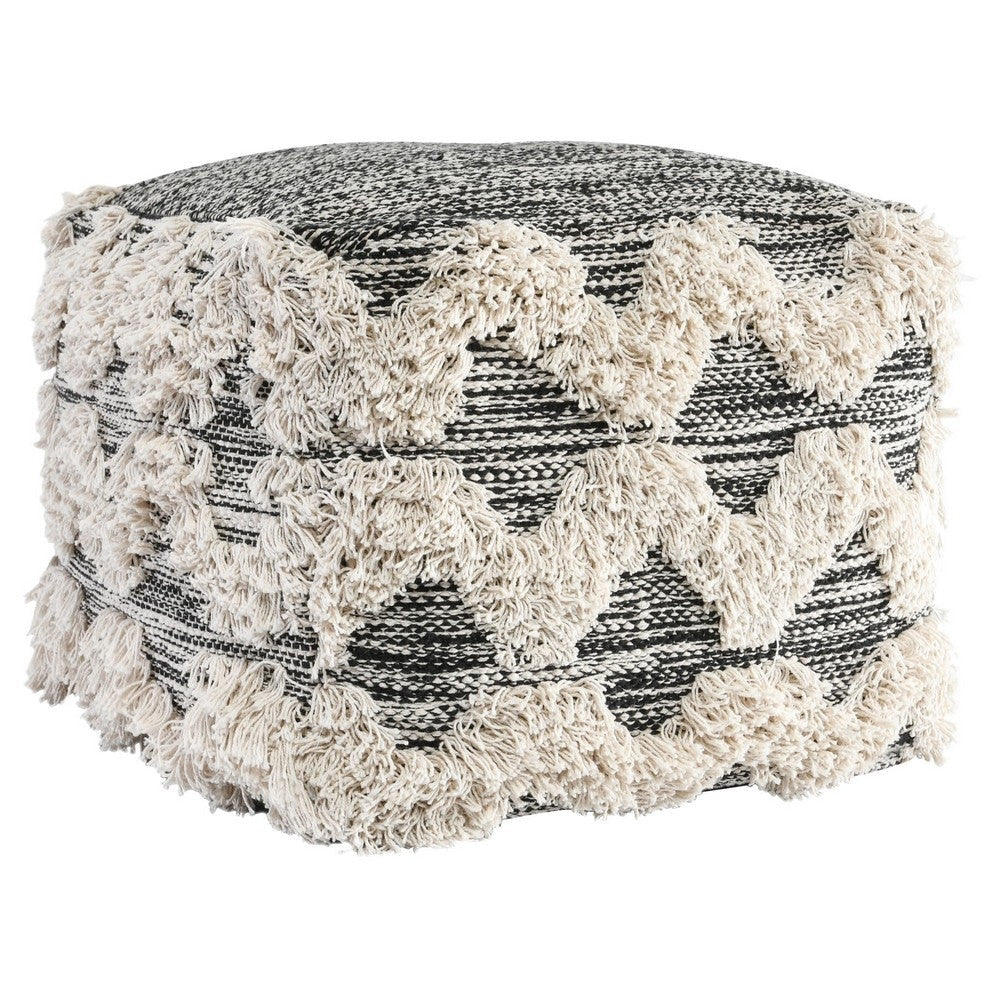 18 Inch Square Cube Accent Pouf, Zig Zag Shag Woven Pattern, Black, White By Casagear Home