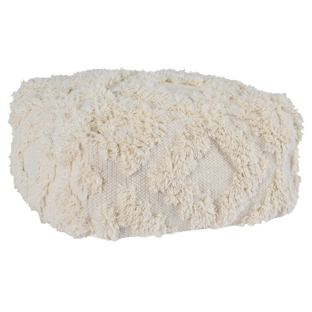 Cotton Accent Pouf | 24" | Handwoven Textured Geometric Shag | Off White