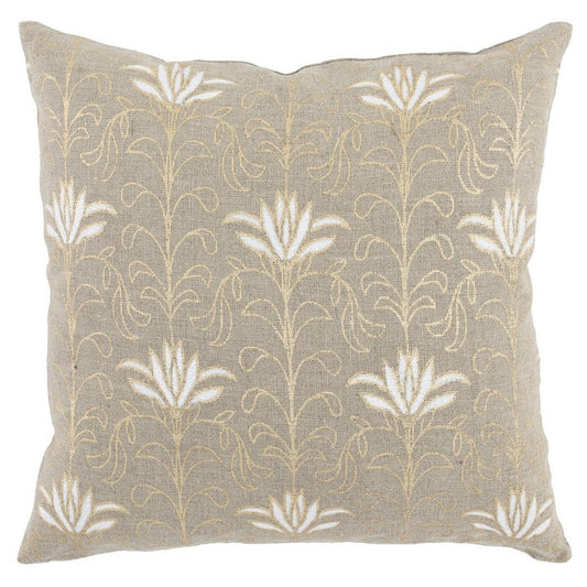 20 Inch Square Linen Accent Throw Pillow, Foil Design, Floral, Beige, Gold By Casagear Home