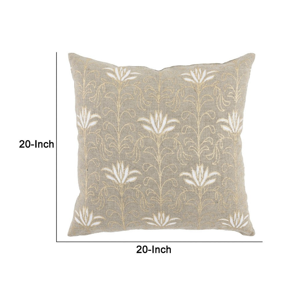20 Inch Square Linen Accent Throw Pillow Foil Design Floral Beige Gold By Casagear Home BM283670