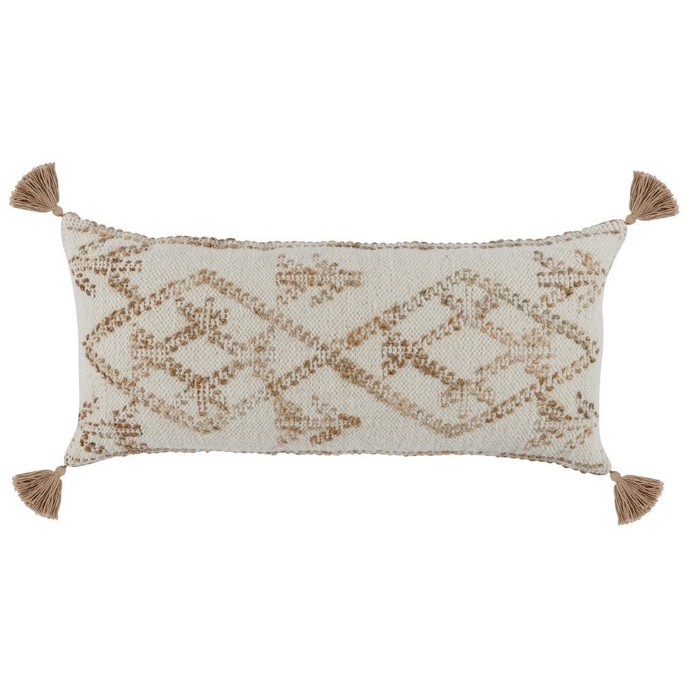 Lumbar Throw Pillow | 16 x 36 | Diamond Jute Cotton Cover | Tassels | Brown