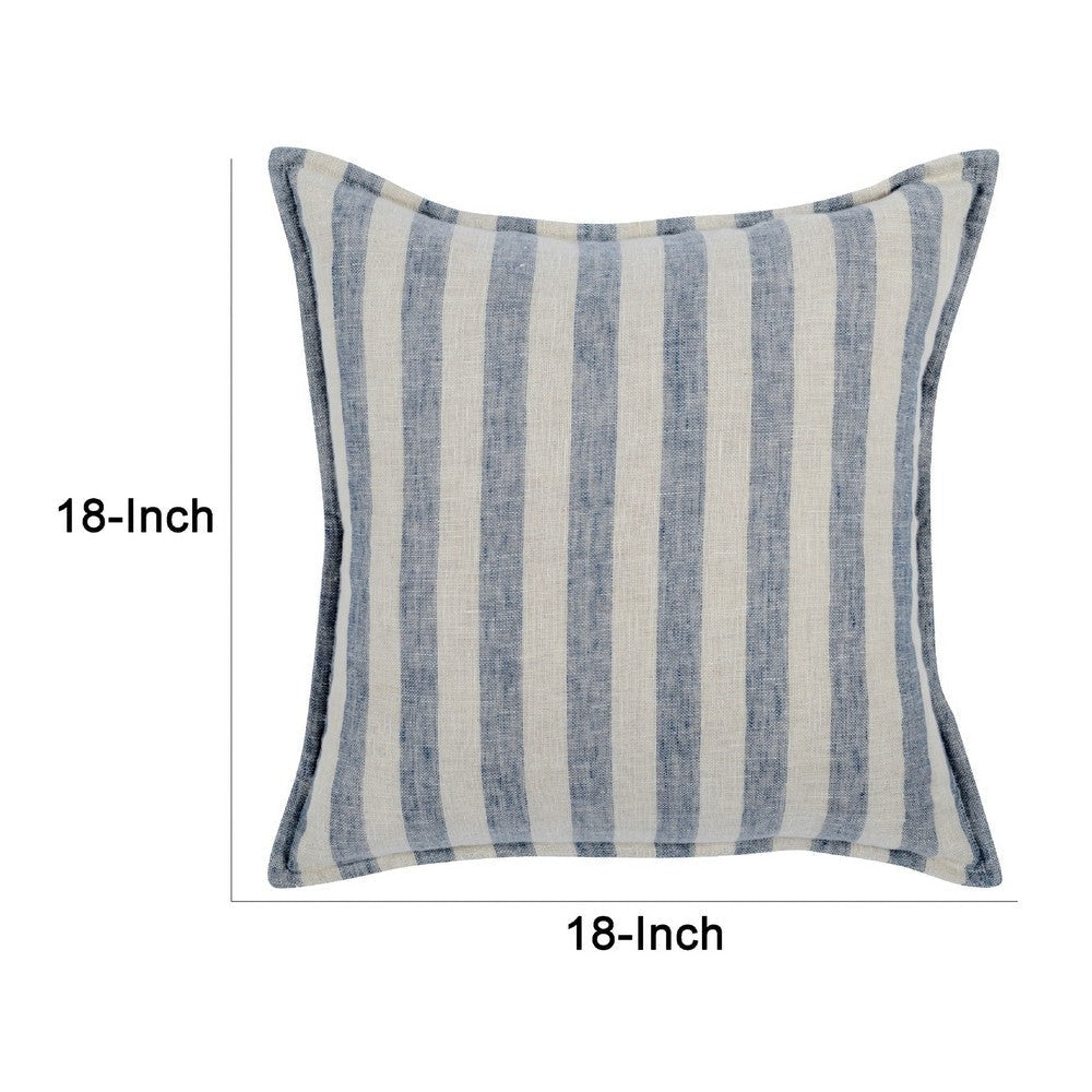 18 x 18 Throw Pillow Linen Cover Woven Stripes Flanges Blue and White By Casagear Home BM283700