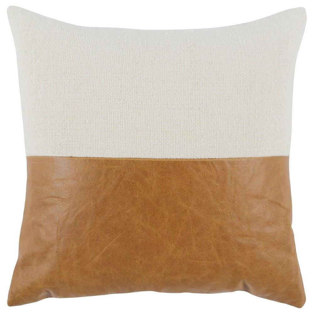 20 x 20 Throw Pillow, Genuine Leather Cover, Dual Tone, Brown and White By Casagear Home