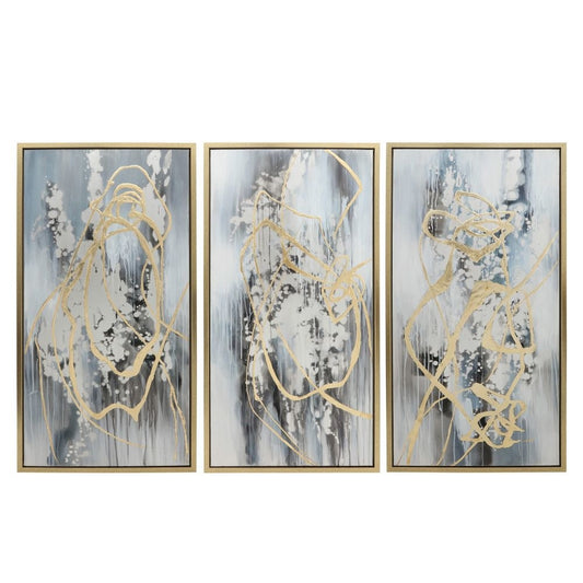 22 x 42 Canvas Wall Art, Abstract Luxury Paint Design, Set of 3, Gold, Gray By Casagear Home
