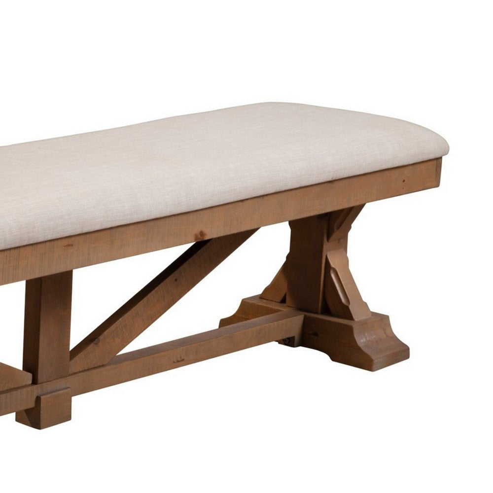 Tess 69 Inch Dining Accent Bench Beige Fabric Cushion Pine Wood Brown By Casagear Home BM283851