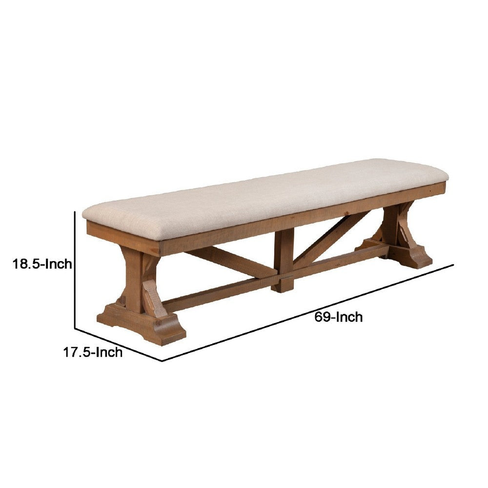 Tess 69 Inch Dining Accent Bench Beige Fabric Cushion Pine Wood Brown By Casagear Home BM283851