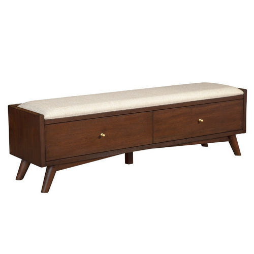 Ian Accent Bench | 59" | 2 Drawers | Beige Seat | Mahogany Wood | Walnut Brown