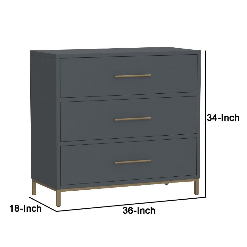 Max 36 Inch 3 Drawer Small Dresser Chest Brass Metal Frame Slate Gray By Casagear Home BM283860