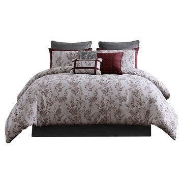 Sofia 10 Piece Polyester King Comforter Set, Orchid Flower Print, Red White By Casagear Home
