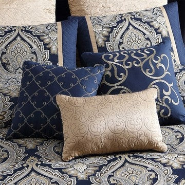 Nova 10 Piece Polyester King Comforter Set Gold Damask Print Navy Blue By Casagear Home BM283872