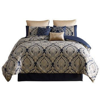 Nova Queen Comforter Set | 9 Piece | Polyester | Gold Damask Print | Navy Blue