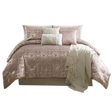 Eve 10 Piece Queen Size Poly Velvet Comforter Set, Foil Pattern, Blush Pink By Casagear Home