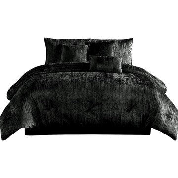 Jay Queen Comforter Set | 7 Piece | Black Polyester Velvet Deluxe Texture