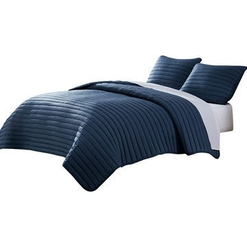 Cabe 3 Piece Queen Comforter Set, Polyester Puffer Channel Quilt, Navy Blue By Casagear Home