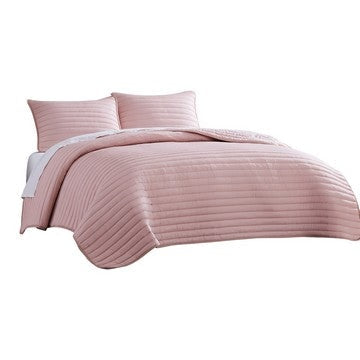 Cabe 3 Piece Queen Comforter Set, Polyester Puffer Channel Quilt, Rose Pink By Casagear Home