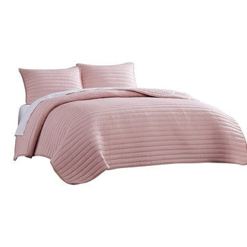 Cabe Queen Comforter Set | 3 Piece | Polyester Puffer Channel Quilt | Rose Pink