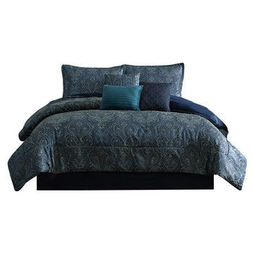Clover 7 Piece Soft Polyester Queen Comforter Set, Jacquard Pattern, Teal By Casagear Home