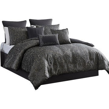 Pixie Queen Comforter Set | 9 Piece | Polyester | Damask Pattern | Charcoal Gray