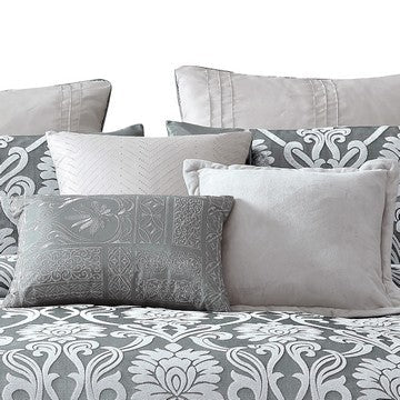Emma 10 Piece Polyester King Comforter Set Gray Silver Velvet Damask Print By Casagear Home BM283919