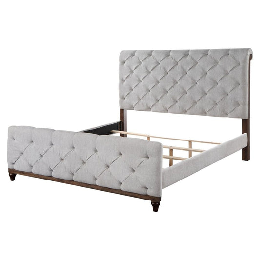 Liza Wood Modern King Size Bed, Button Tufted, Brown Frame, Beige Fabric By Casagear Home