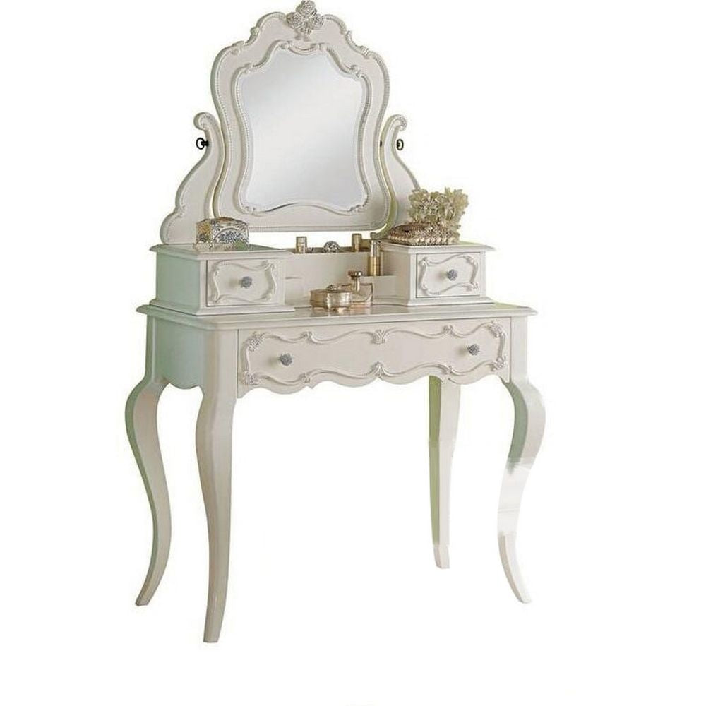 63 Inch Wood Classic Vanity Desk with Mirror, 3 Drawers, Carved, White By Casagear Home
