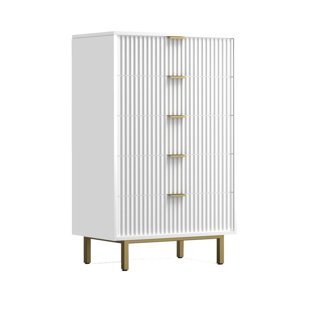 Beth 48 Inch 5 Drawer Tall Dresser Chest, White Mahogany Wood, Gold By Casagear Home