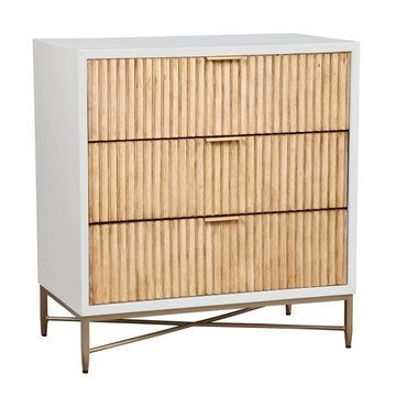 Eli 34 Inch 3 Drawer Small Dresser Nightstand, Corrugated Panels, White, Gold By Casagear Home