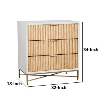 Eli 34 Inch 3 Drawer Small Dresser Nightstand Corrugated Panels White Gold By Casagear Home BM284287