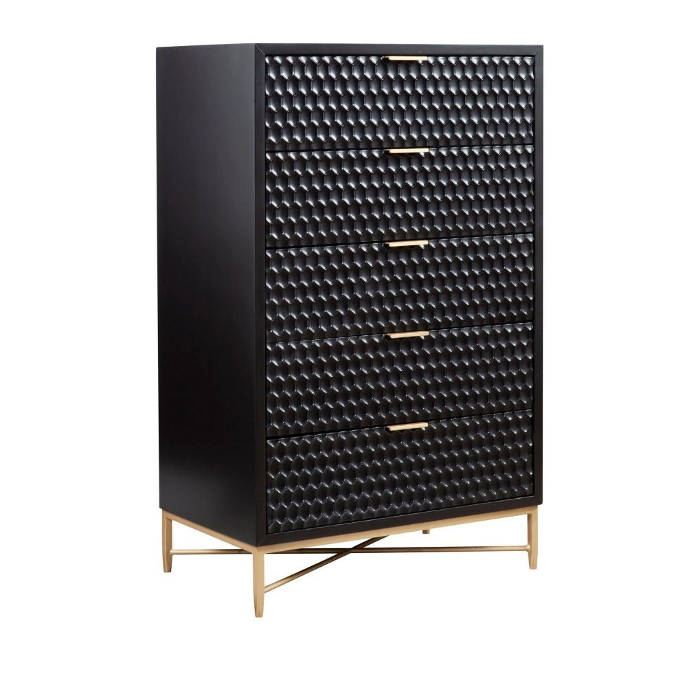 Rexi 48 Inch 5 Drawer Tall Dresser Chest, Honeycomb Panels, Black, Gold By Casagear Home