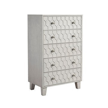 Rue 48 Inch 5 Drawer Dresser Chest, Textured Honeycomb Design, Light Gray By Casagear Home