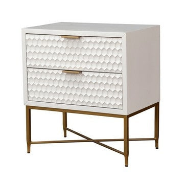 Rexi 26 Inch 2 Drawer Nightstand, Honeycomb, Mahogany Wood, White, Gold By Casagear Home