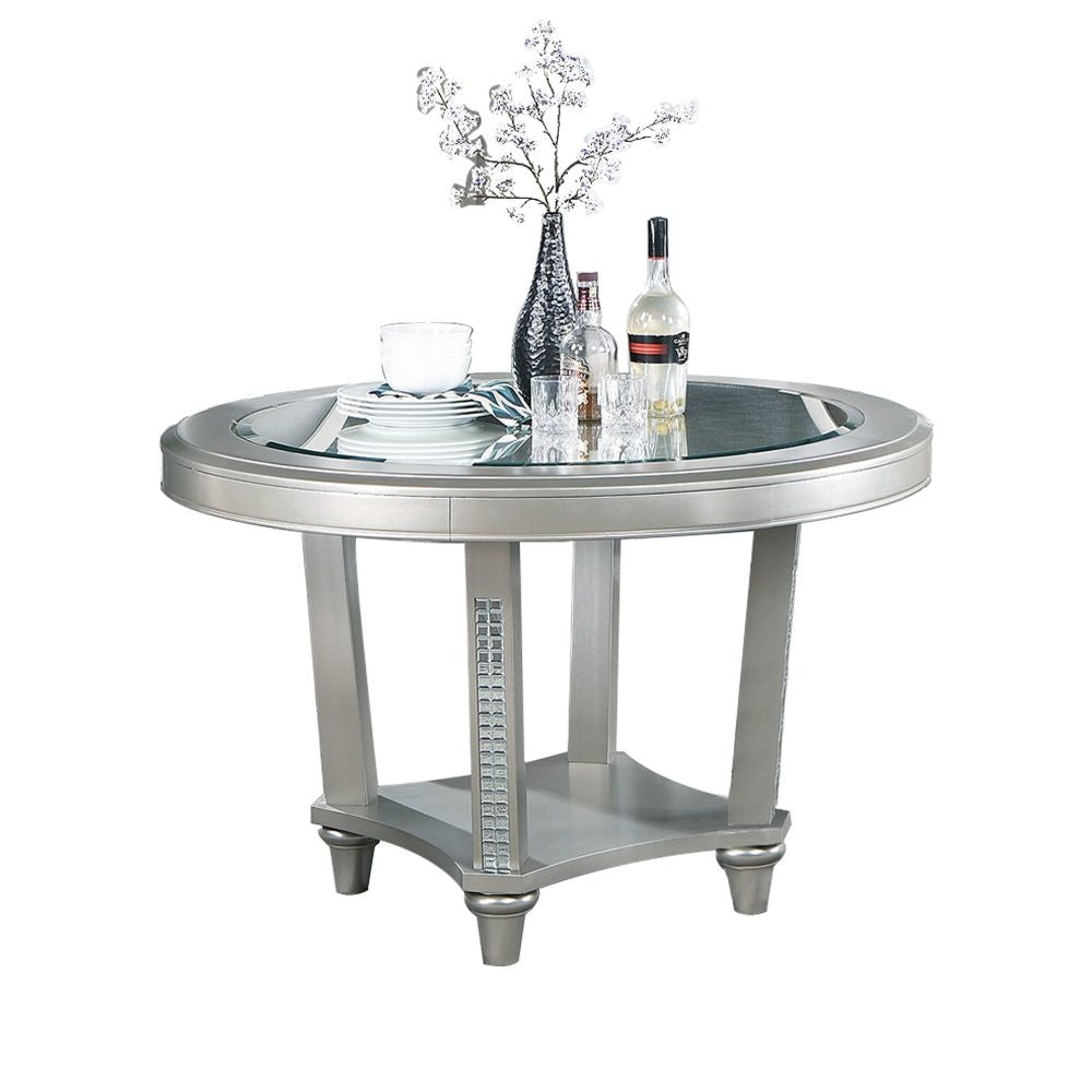 Neil 48 Inch Modern Round Glass Top Dining Table, Crystal Accents, Silver By Casagear Home