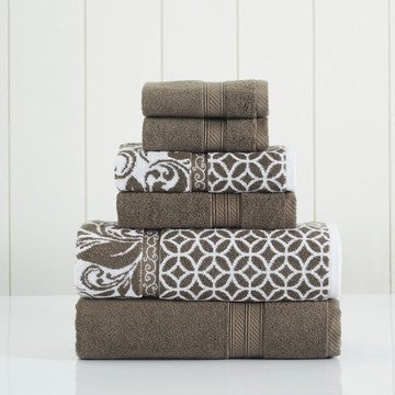 Bev Modern 6 Piece Cotton Towel Set, Jacquard Filigree Pattern, Taupe Brown By Casagear Home