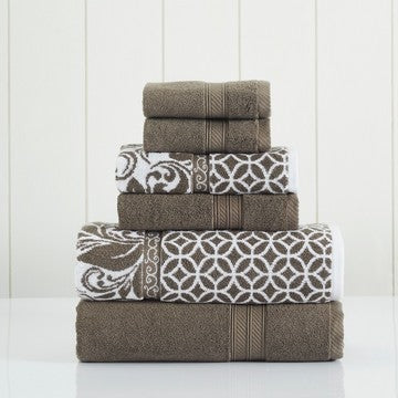 Bev Towel Set | 6 Piece | Cotton | Filigree Pattern | Taupe Brown