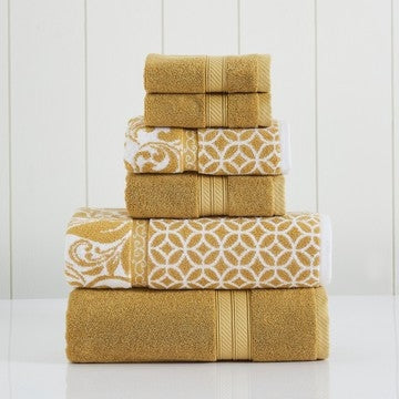 Bev Modern 6 Piece Cotton Towel Set, Jacquard Filigree Pattern, Yellow By Casagear Home
