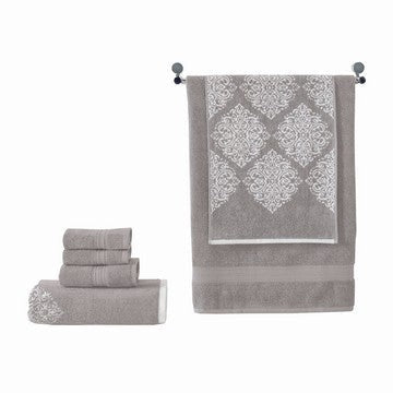 Eula Modern 6 Piece Cotton Towel Set, Stylish Damask Pattern, Light Gray By Casagear Home