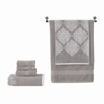 Eula Towel Set | 6 Piece | Cotton | Damask Pattern | Light Gray