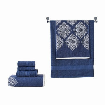 Eula Modern 6 Piece Cotton Towel Set, Stylish Damask Pattern, Deep Blue By Casagear Home