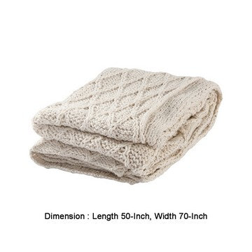 Lyla 50 Inch Cotton Throw Blanket Hand Knitted Diamond Pattern White By Casagear Home BM284505
