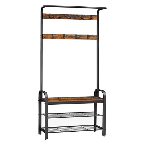Ann Hallway Tree | 72" | Shoe Bench | 9 Hooks | Metal Shelf | Brown