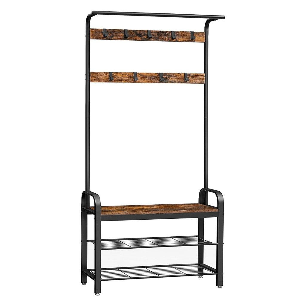 Ann Hallway Tree | 72" | Shoe Bench | 9 Hooks | Metal Shelf | Brown