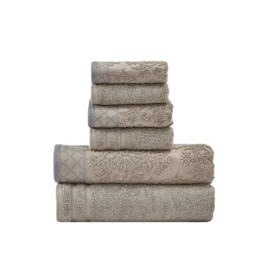 Noa 6 Piece Soft Egyptian Cotton Towel Set, Solid Damask Pattern, Dark Gray By Casagear Home