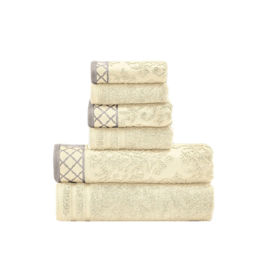 Noa 6 Piece Soft Egyptian Cotton Towel Set, Solid Damask Pattern, Beige By Casagear Home