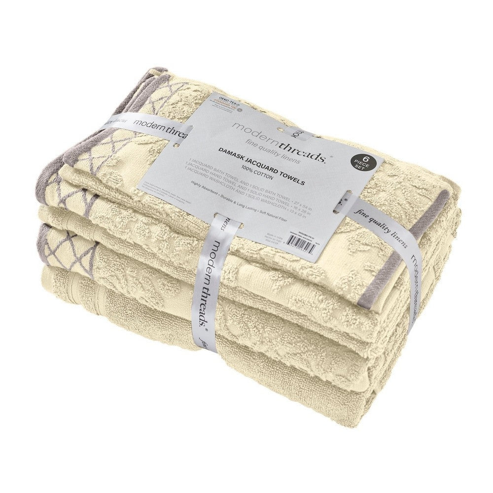 Noa 6 Piece Soft Egyptian Cotton Towel Set Solid Damask Pattern Beige By Casagear Home BM284596
