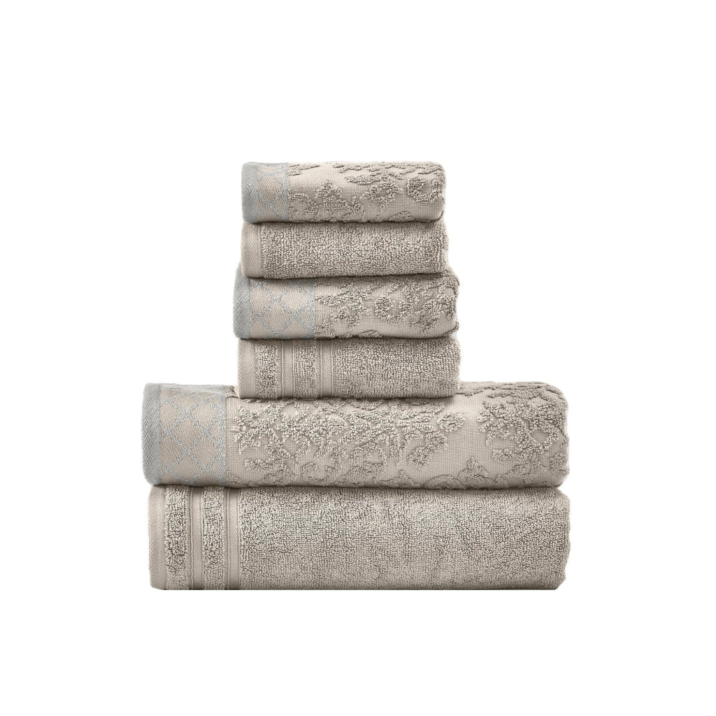 Noa 6 Piece Soft Egyptian Cotton Towel Set, Solid Damask Pattern Trim, Gray By Casagear Home